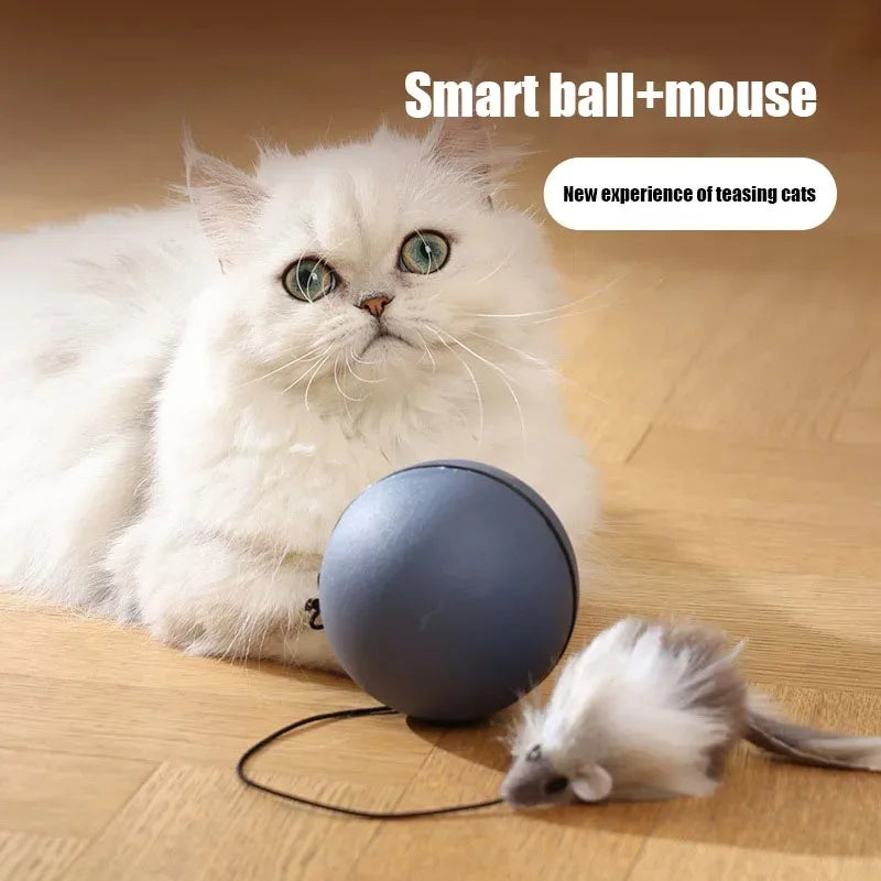Automatic rolling cat toy ball with plush mouse